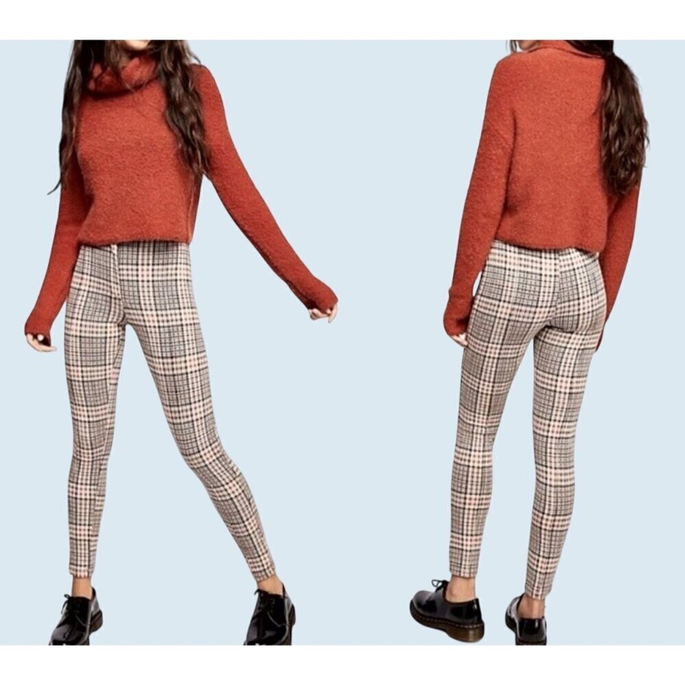 FREE PEOPLE Carnaby Retro Tan Plaid Hi Rise Slim Fit Pants Size 2